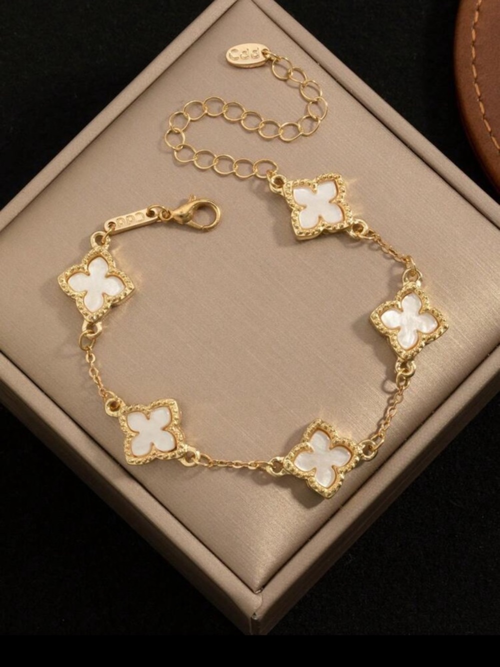 Gold & White Clover Link Bracelet, White Clover Bracelet - Picture 2 of 5